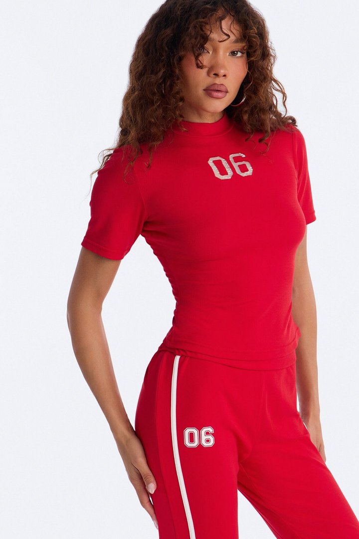 Sporty Vibe Ribbed Pant Set - Red