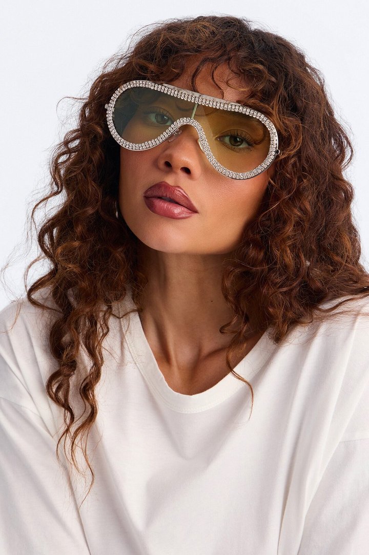 Rhinestone Rock Star Sunglasses - Silver/Yellow