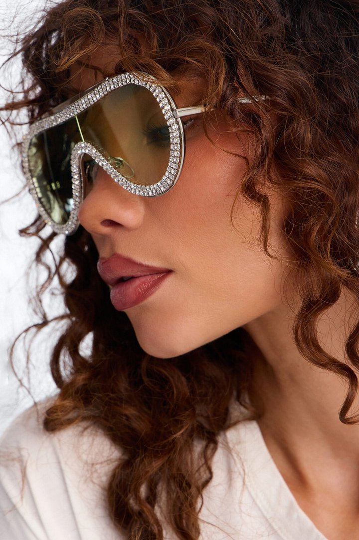 Rhinestone Rock Star Sunglasses - Silver/Yellow
