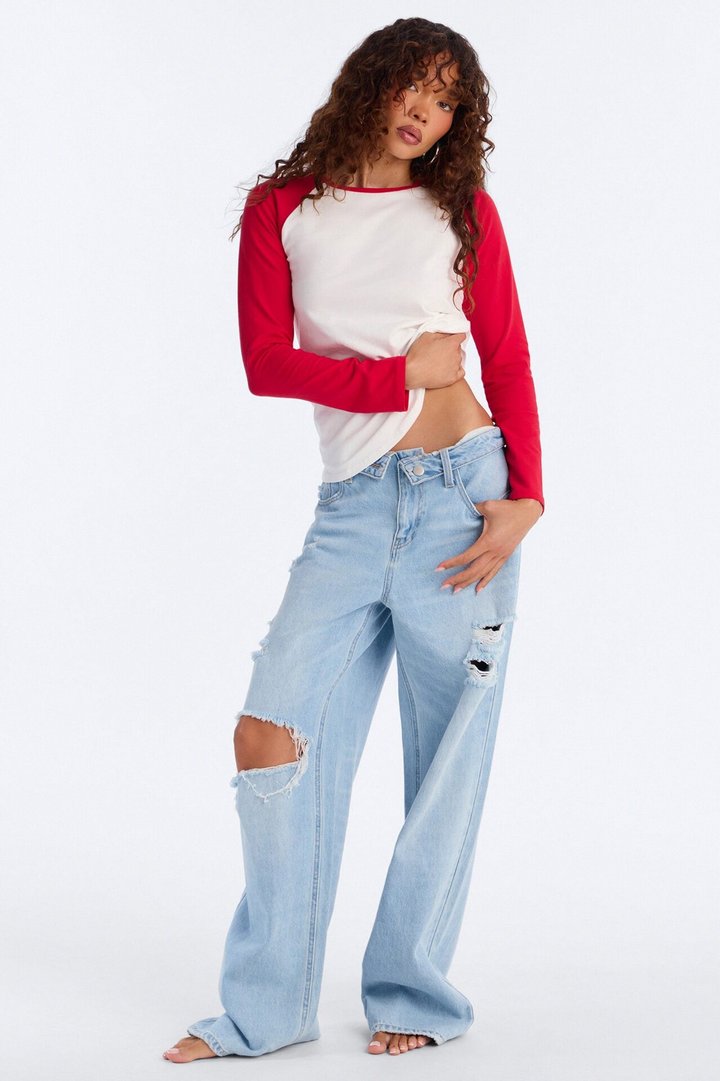 Kendall Long Sleeve Raglan Top - Red/combo