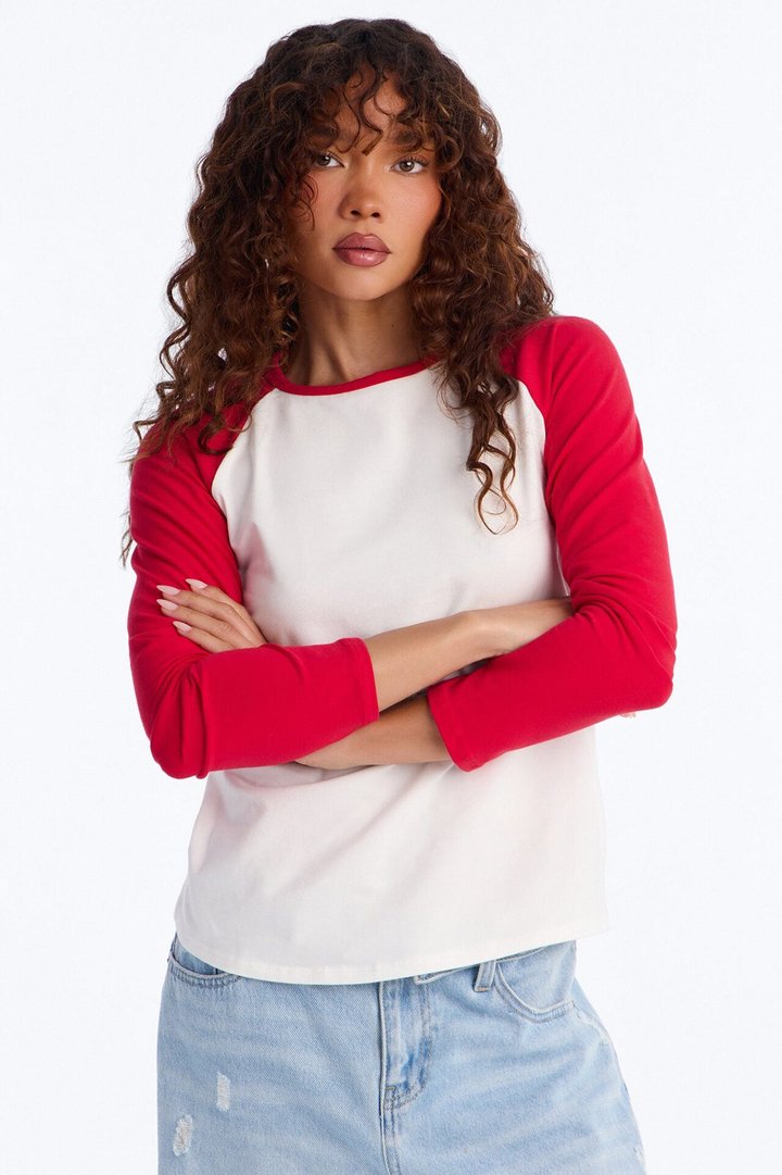 Kendall Long Sleeve Raglan Top - Red/combo