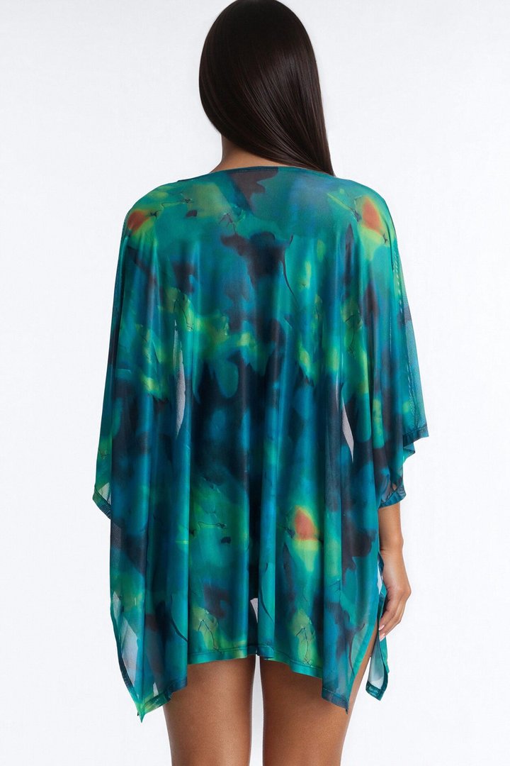 Adreina Abstract 1 Piece Asymmetrical Swimsuit & Cover Up Kimono Set - Green/combo