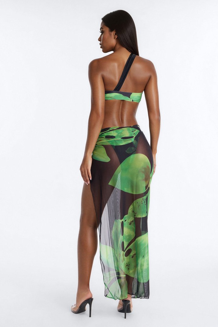 Flora Tropical One Shoulder Bikini & Mesh Cover Up Maxi Skirt Sunsuit - Green/combo