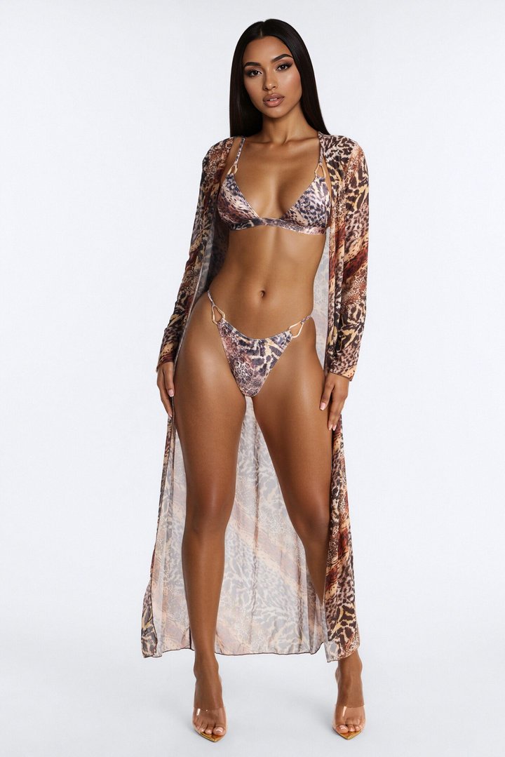 Delia Animal Print 3 Piece Triangle Bikini & Cover Up Long Sleeve Kimono Sunsuit - Brown/combo