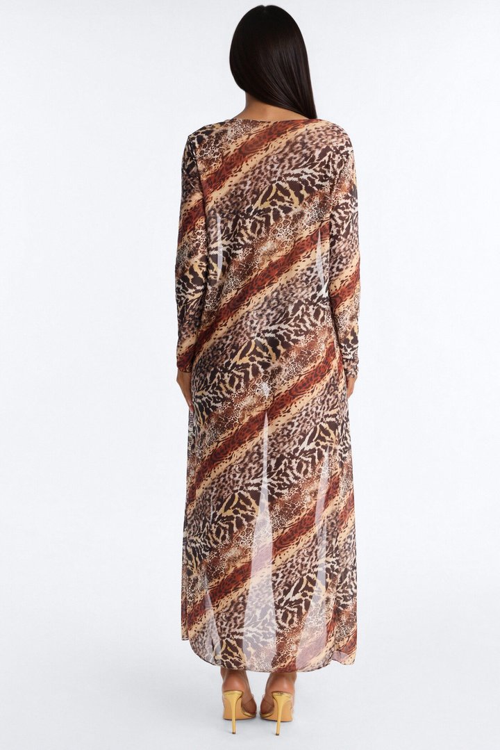 Delia Animal Print 3 Piece Triangle Bikini & Cover Up Long Sleeve Kimono Sunsuit - Brown/combo