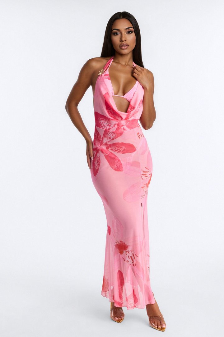 Zola 3 Piece Floral Triangle Bikini & Cover Up Maxi Dress Sunsuit - Pink