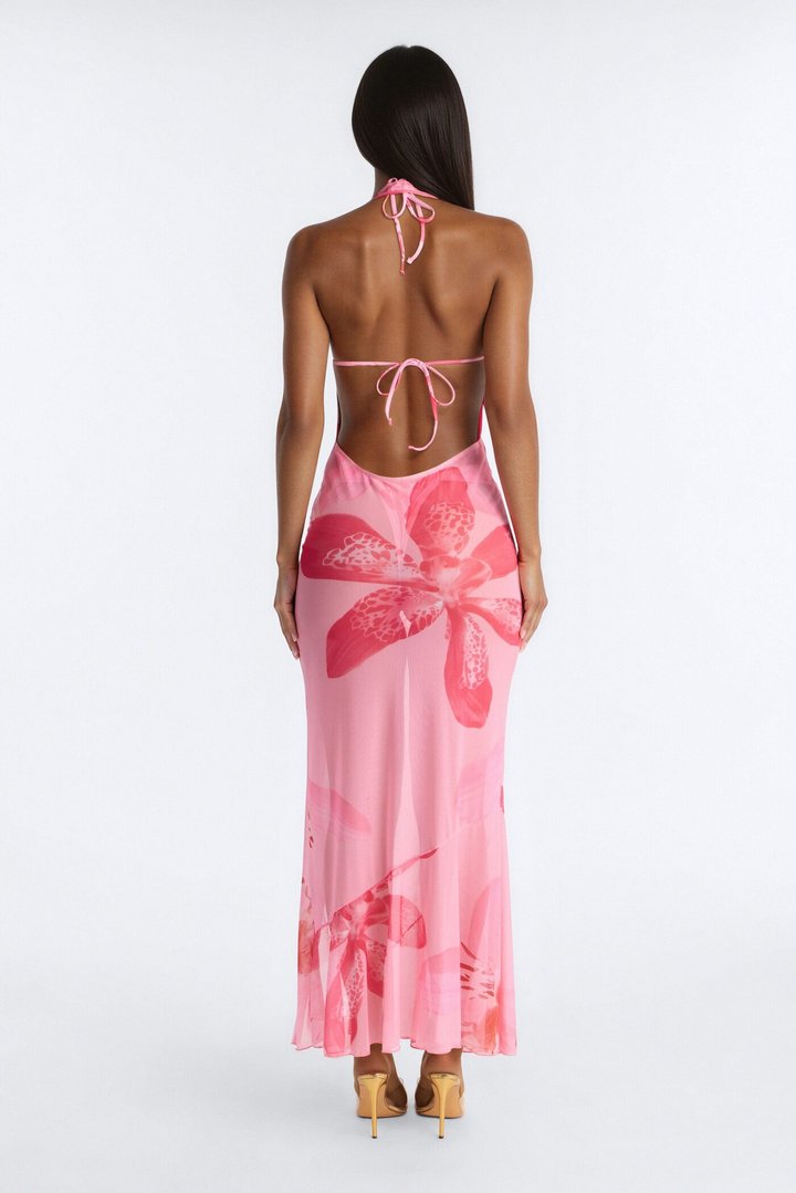 Zola 3 Piece Floral Triangle Bikini & Cover Up Maxi Dress Sunsuit - Pink