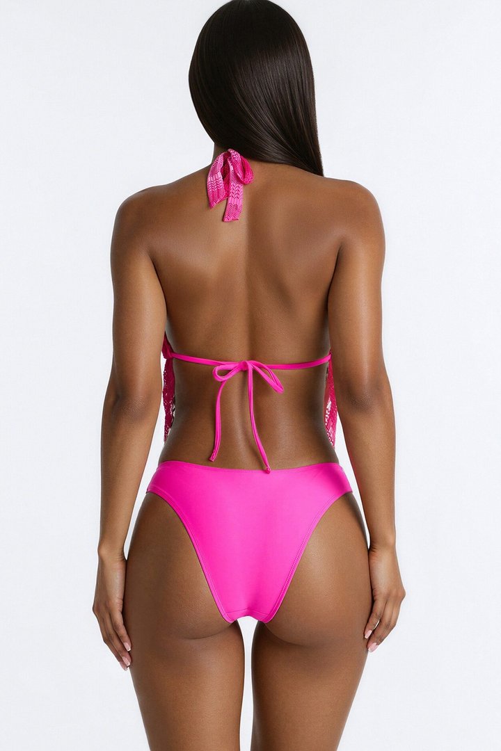 Sunset Flower 3 Piece Ombre Crochet Triangle Bikini & Cover Up Maxi Skirt Sunsuit - Pink/combo