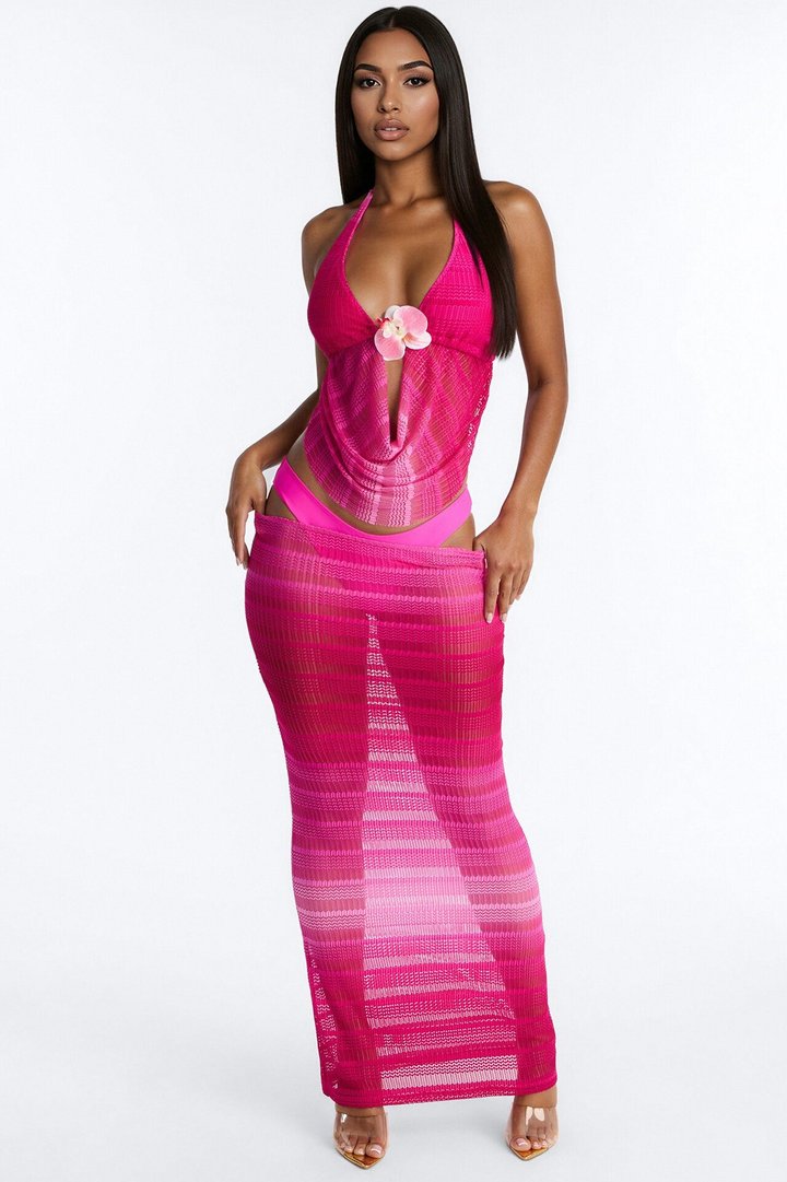 Sunset Flower 3 Piece Ombre Crochet Triangle Bikini & Cover Up Maxi Skirt Sunsuit - Pink/combo