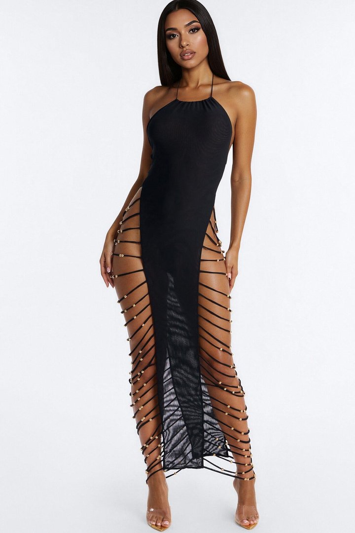 Marielos Strappy Beaded High Slits Mesh Cover Up Dress - Black