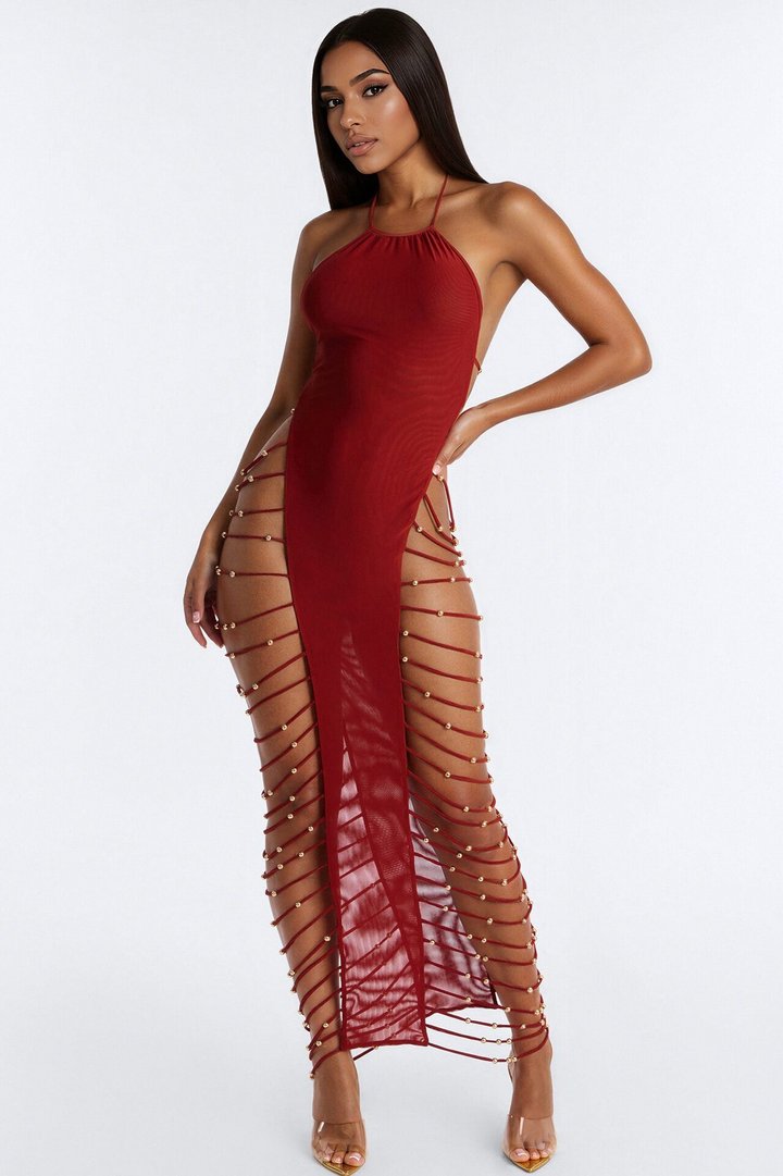 Marielos Strappy Beaded High Slits Mesh Cover Up Dress - Rust