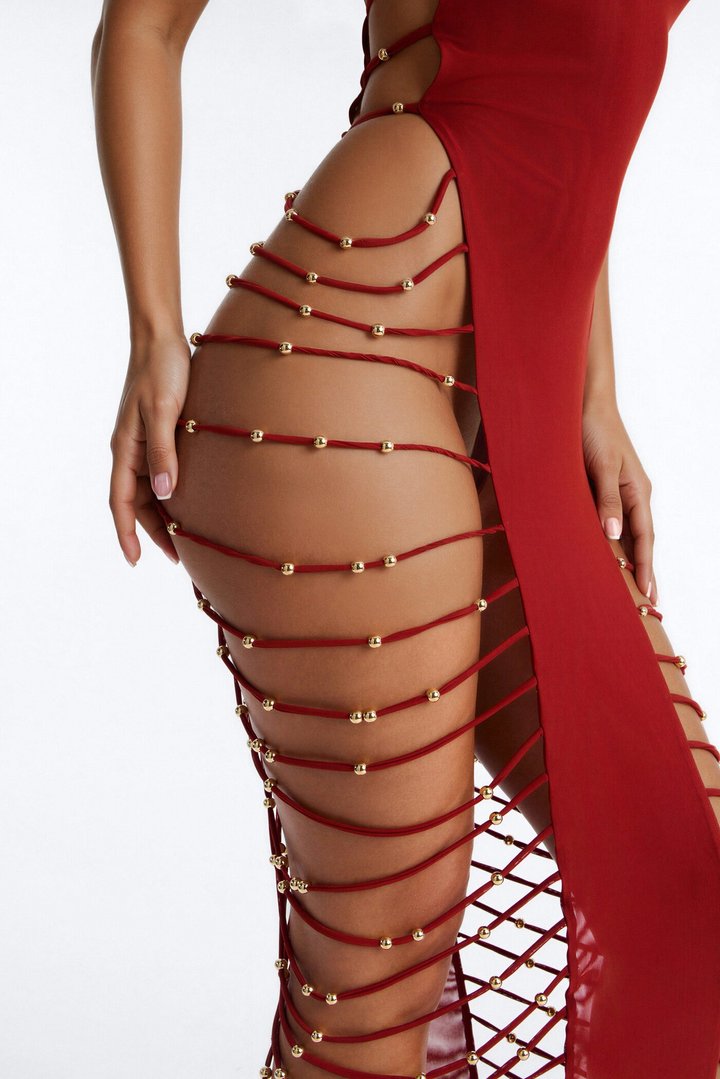 Marielos Strappy Beaded High Slits Mesh Cover Up Dress - Rust