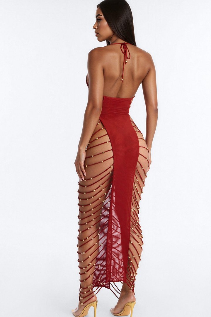 Marielos Strappy Beaded High Slits Mesh Cover Up Dress - Rust