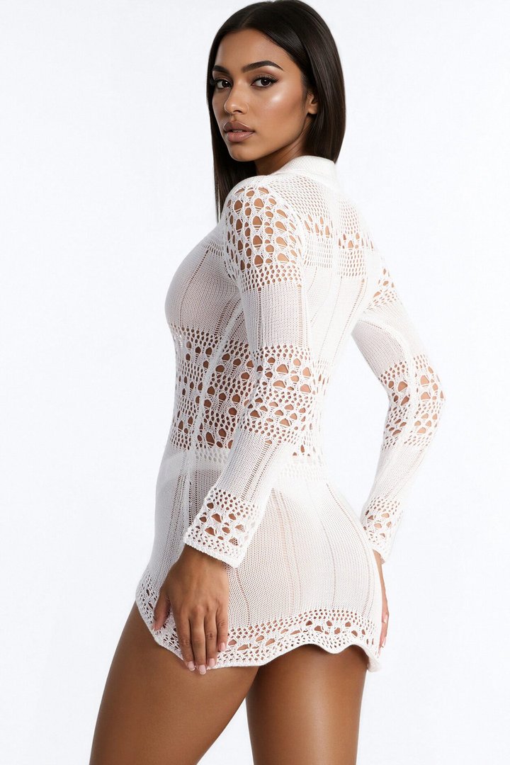 Coastal Crush Crochet Cover Up Long Sleeve Mini Dress - White