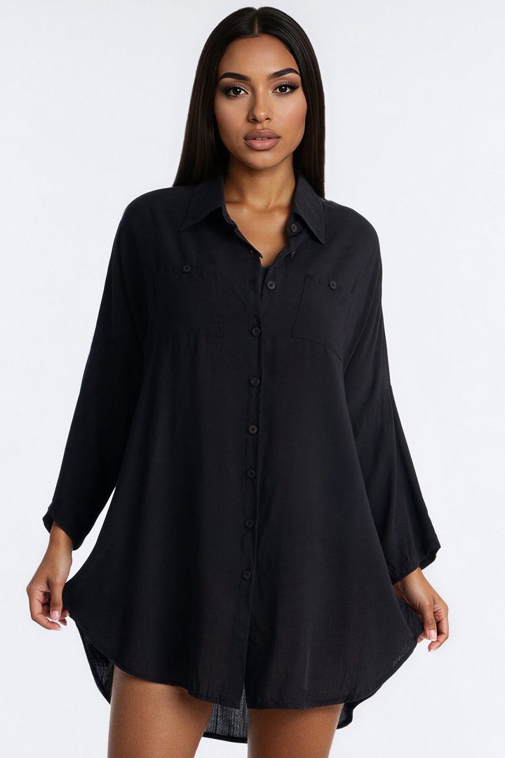 Ayleen Cover Up Long Sleeve Button Up Dress - Black