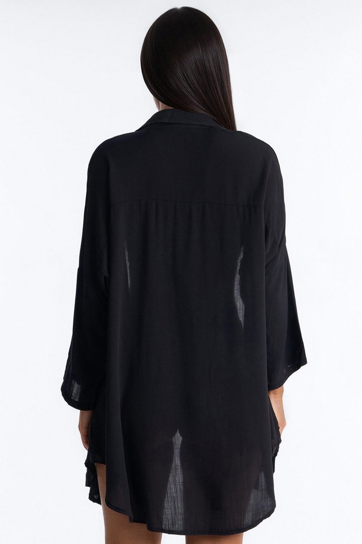 Ayleen Cover Up Long Sleeve Button Up Dress - Black