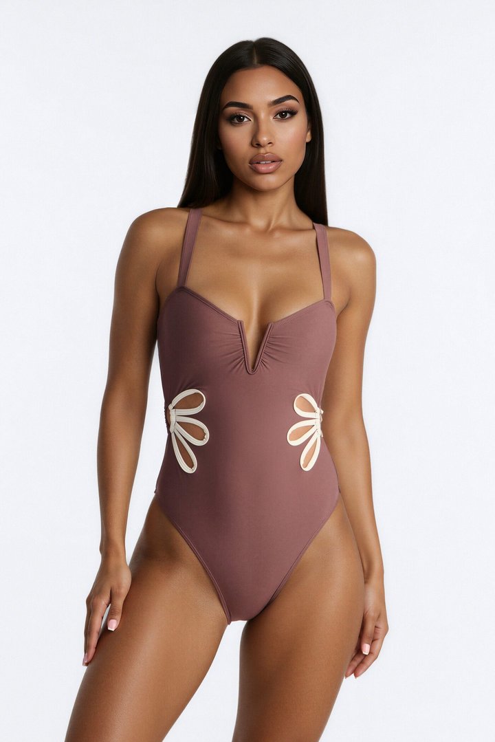 Livia V Wire Flower Cutouts 1 Piece Swimsuit - Brown/combo