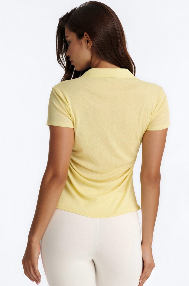 Jenn Textured Button Up Ruched Short Sleeve Shirt - Butter Yellow