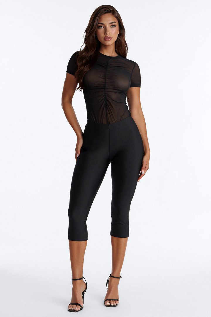 Monroe Mesh Ruched Short Sleeve Bodysuit - Black