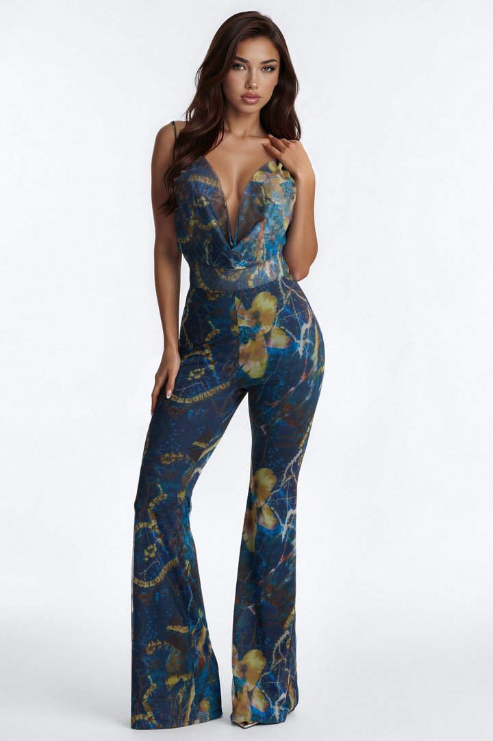 Scarlett Mesh Flare Jumpsuit - Teal