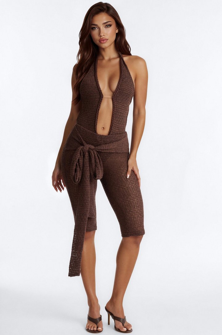 Layla Crochet Bodysuit And Capri Set - Brown