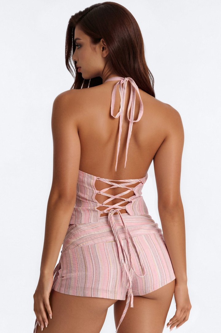 Olivia Lace Up Linen Short Set - Pink