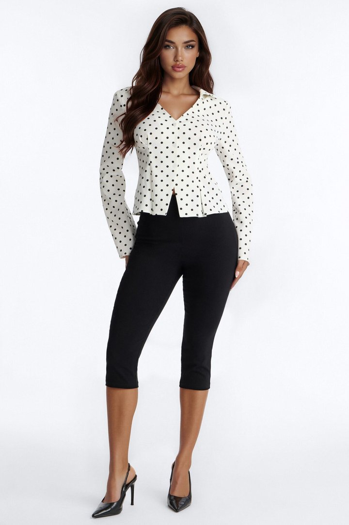Anaya Peplum Long Sleeve Dot Shirt - White/combo