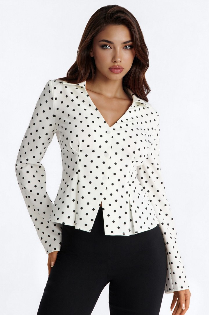 Anaya Peplum Long Sleeve Dot Shirt - White/combo