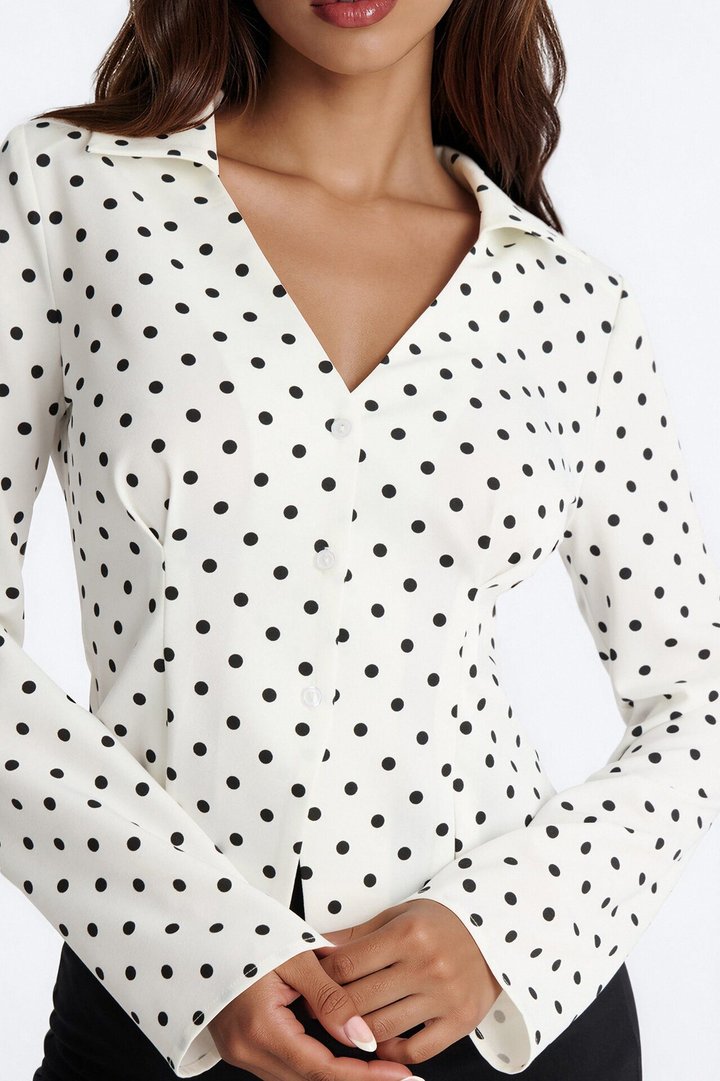 Anaya Peplum Long Sleeve Dot Shirt - White/combo