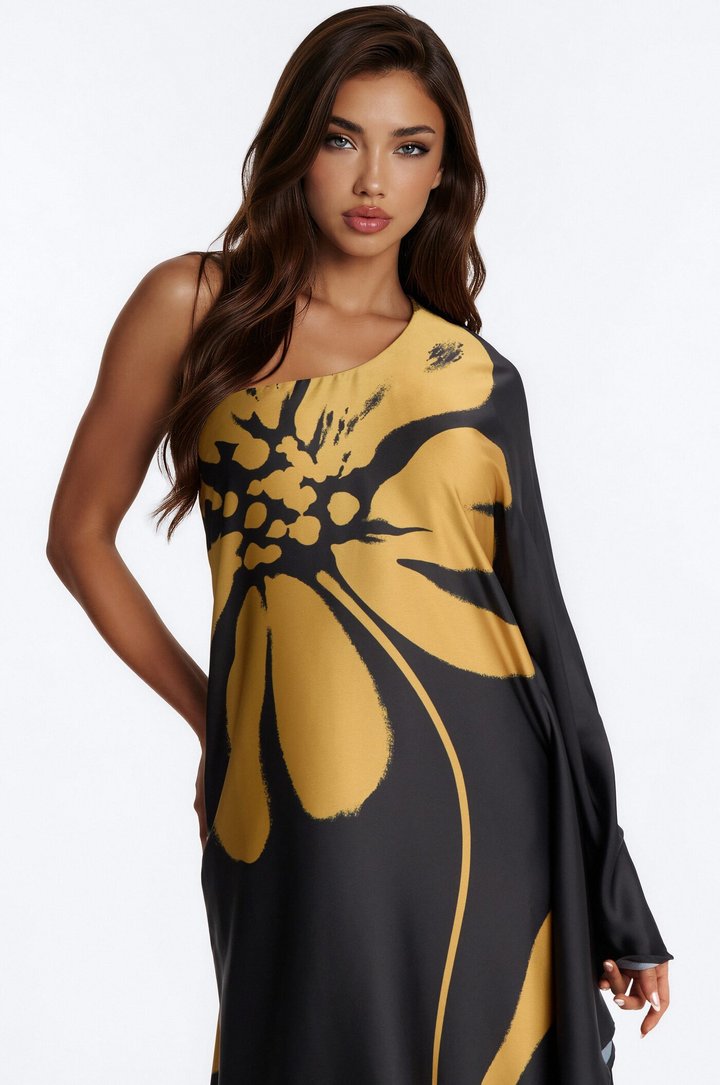 Gentle Glow Satin Kaftan Maxi Dress - Black/Gold