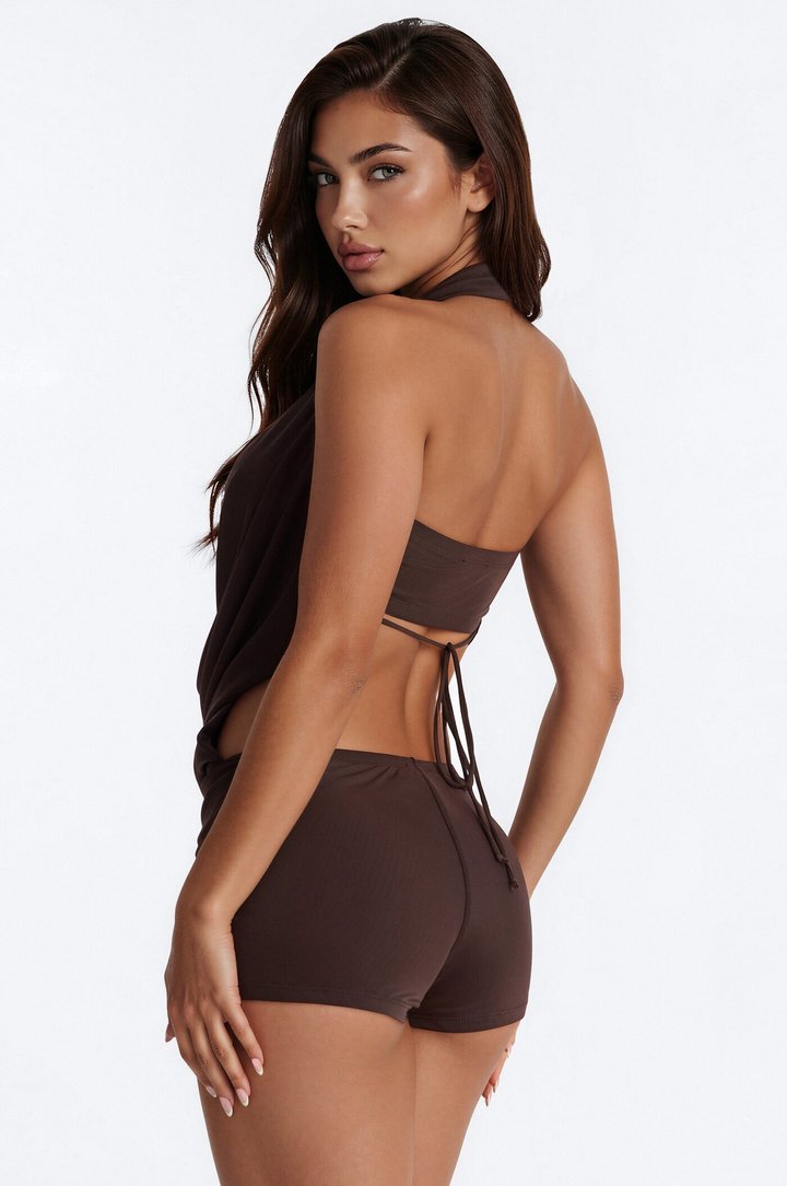 Stolen Glances Mesh Halter Romper - Chocolate