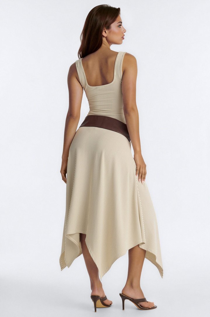 Halley Asymmetrical Belted 3 Piece Skirt Set - Brown/combo