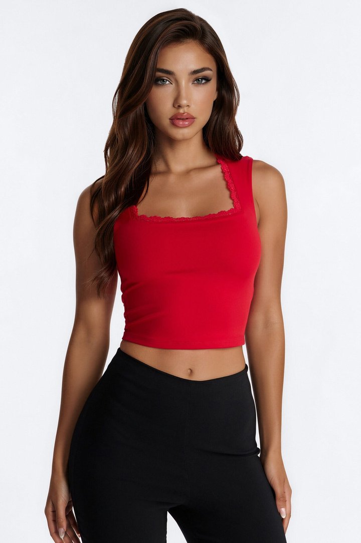 Millie Lace Trim Tank Top - Red