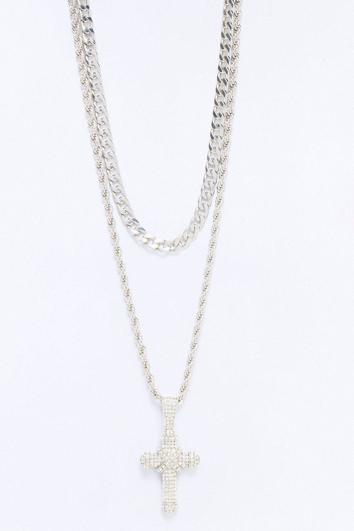 Heavy On Faith Iced Cross Necklace Set - Silver