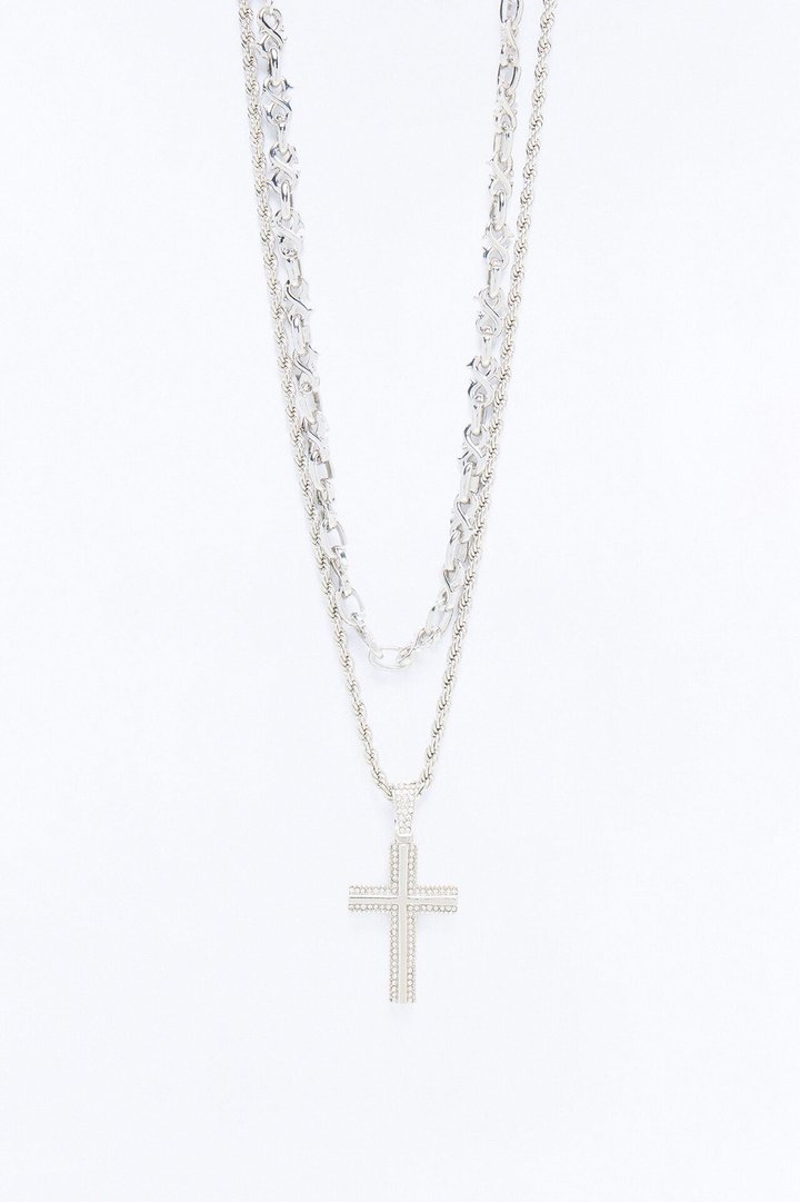 Barbed Infinity Iced Cross Necklace Set - Silver