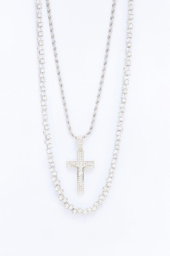 Revered Faith Iced Tennis Chain Cross Necklace Set - Silver