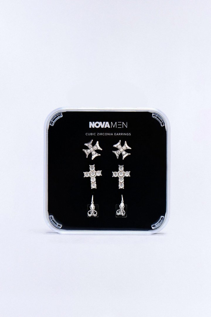 Holy Gothic Iced Cross Earring Set - Silver