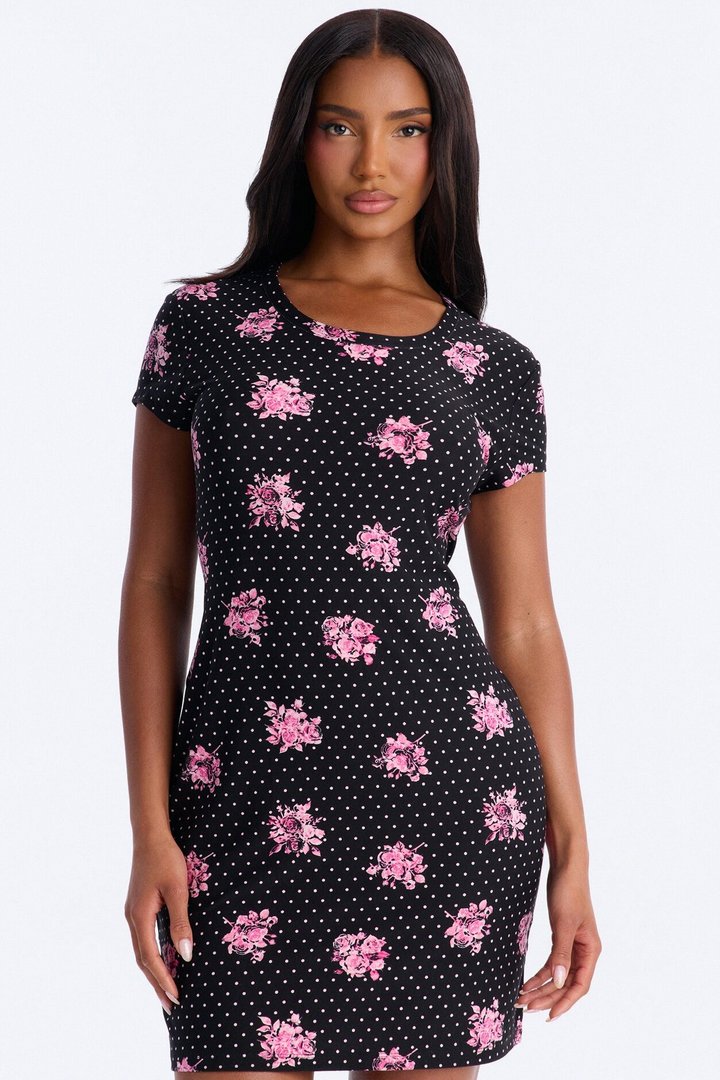 Cozy Serving Polka Dot Rose PJ Sleep Shirt - Black/combo