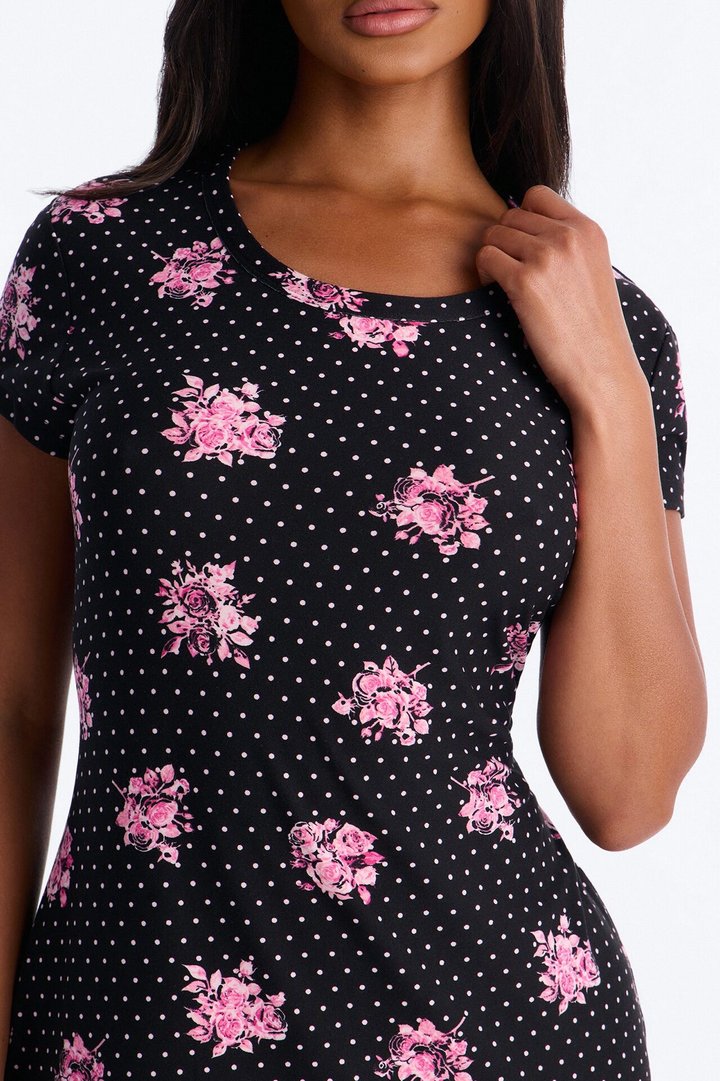 Cozy Serving Polka Dot Rose PJ Sleep Shirt - Black/combo
