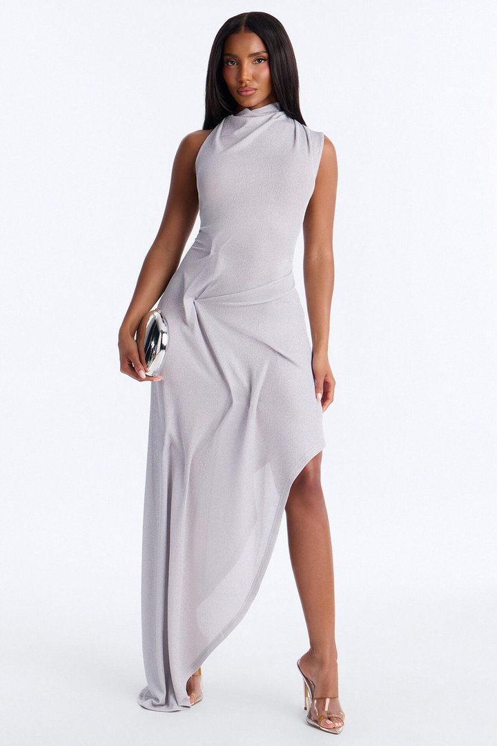 Bad Decisions Ruched Metallic Maxi Dress - Silver