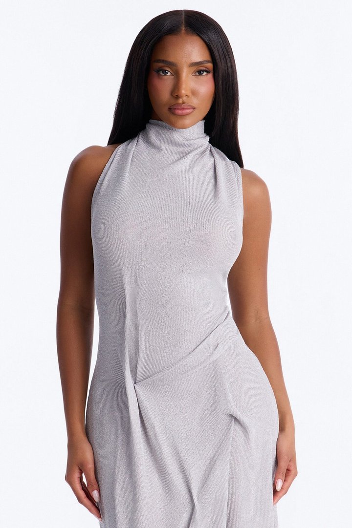 Bad Decisions Ruched Metallic Maxi Dress - Silver