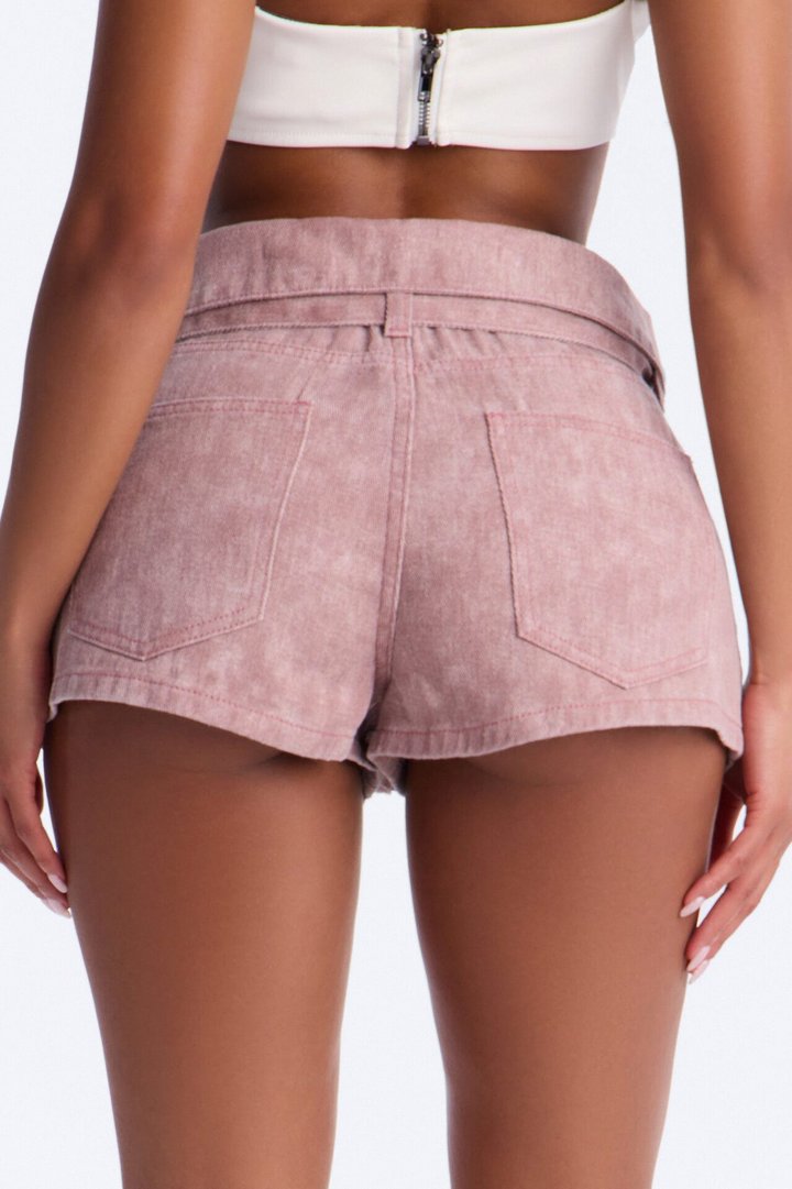 Ashton Belted Washed Twill Distressed Micro Short - Pink