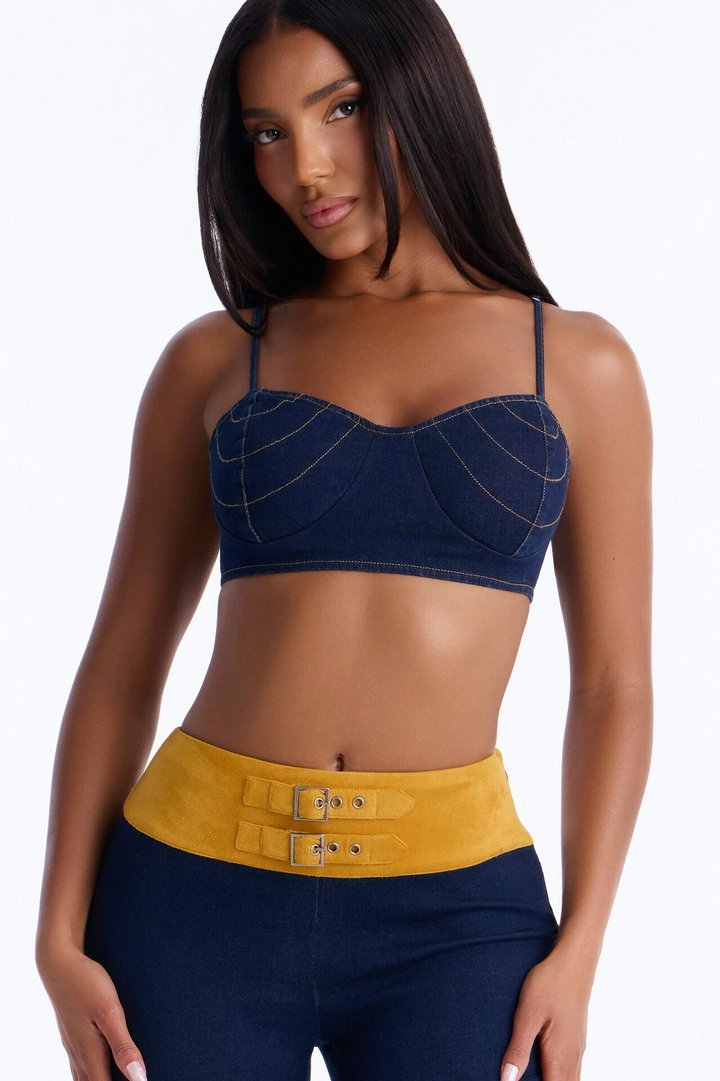 Raye Denim Crop Top and Capri Set - Dark Wash