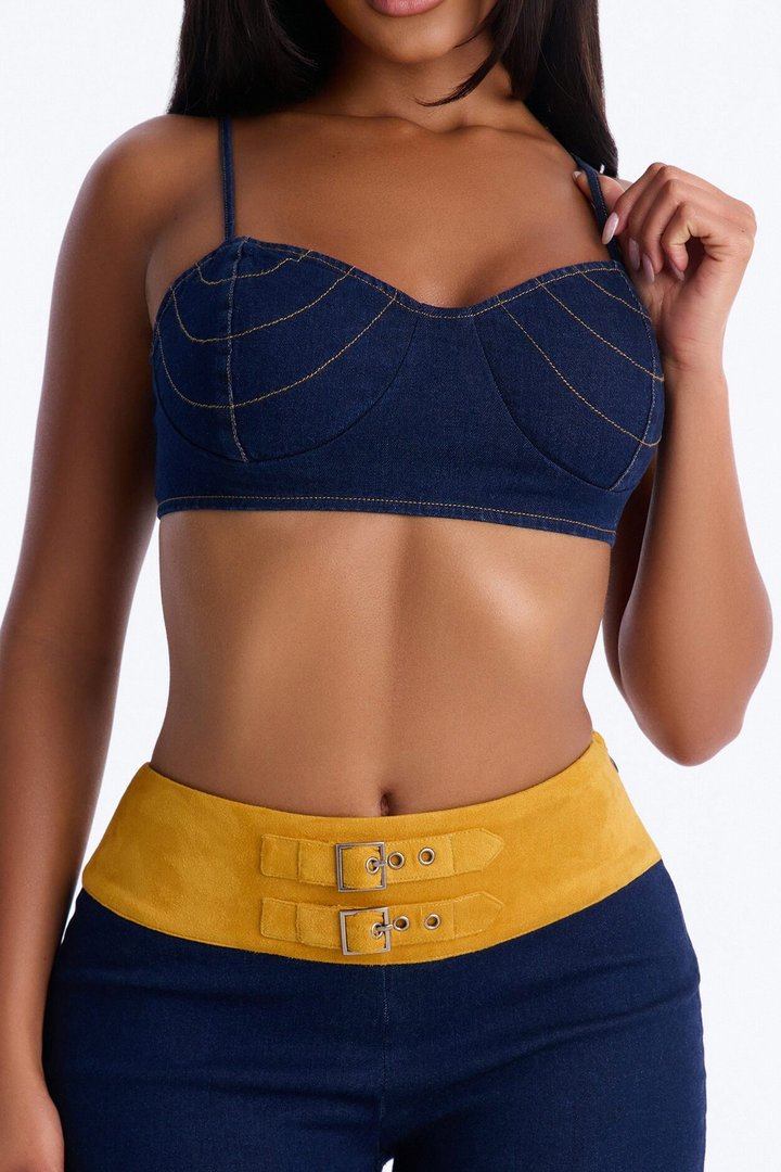 Raye Denim Crop Top and Capri Set - Dark Wash