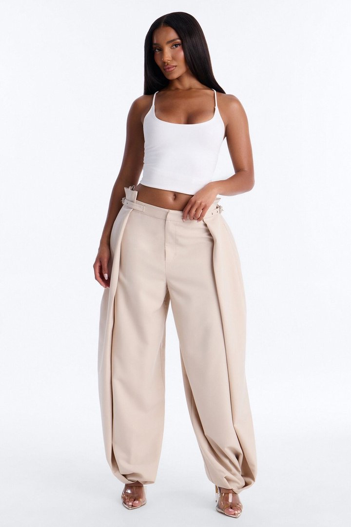 Bethany Side Buckled Large Pleated Barrel Leg Trouser - Beige