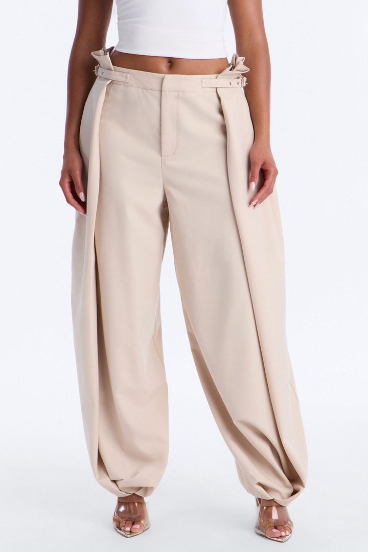 Bethany Side Buckled Large Pleated Barrel Leg Trouser - Beige