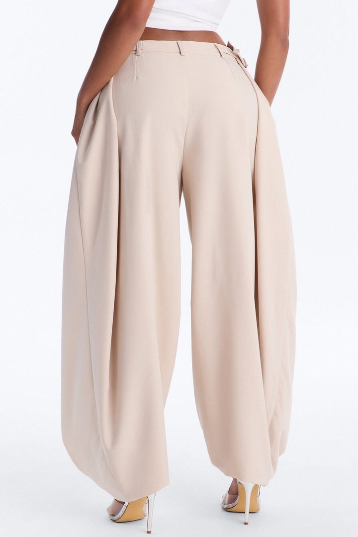 Bethany Side Buckled Large Pleated Barrel Leg Trouser - Beige