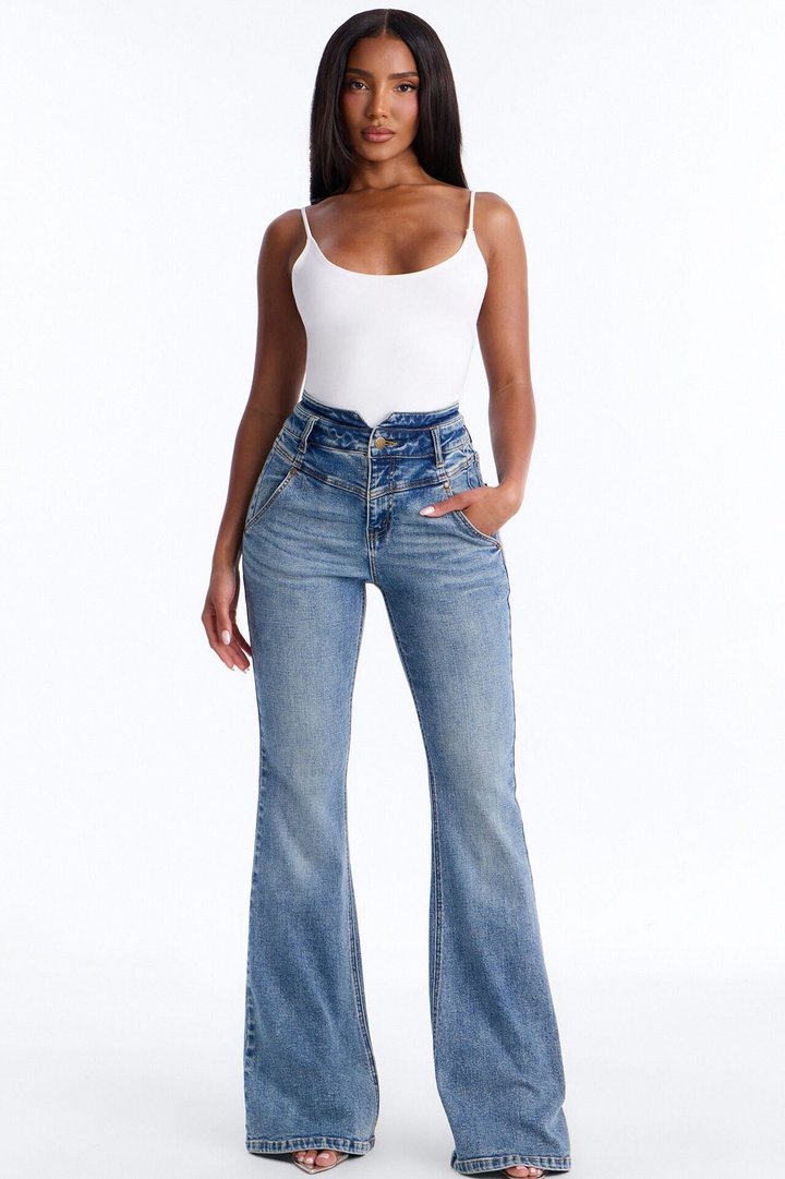 Split Second High Rise Stretch Flare Leg Jeans - Medium Wash