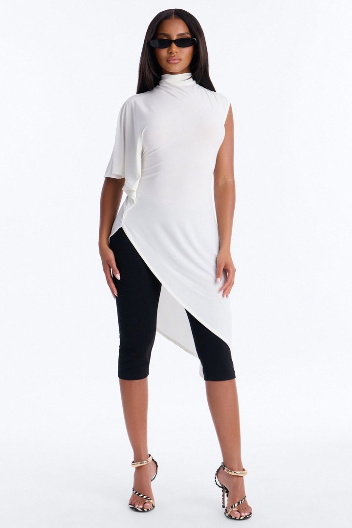 She's Divine Long Asymmetrical Short Sleeve Top - Cream