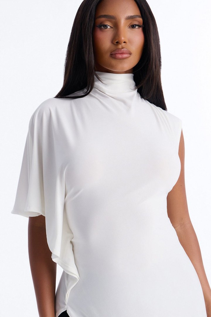 She's Divine Long Asymmetrical Short Sleeve Top - Cream